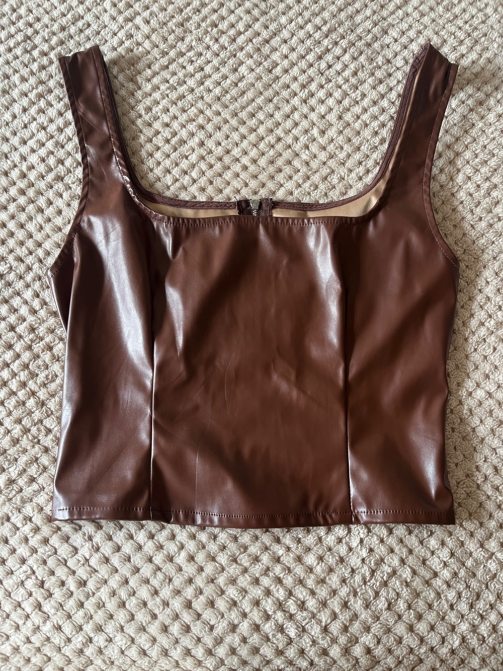SHEIN Brown Faux Leather Square Neck Crop Top